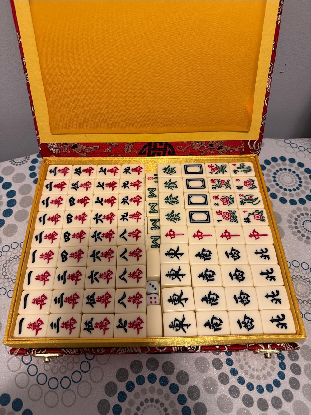 Mahjong Tile Set in Ivory with Red and Black Accents